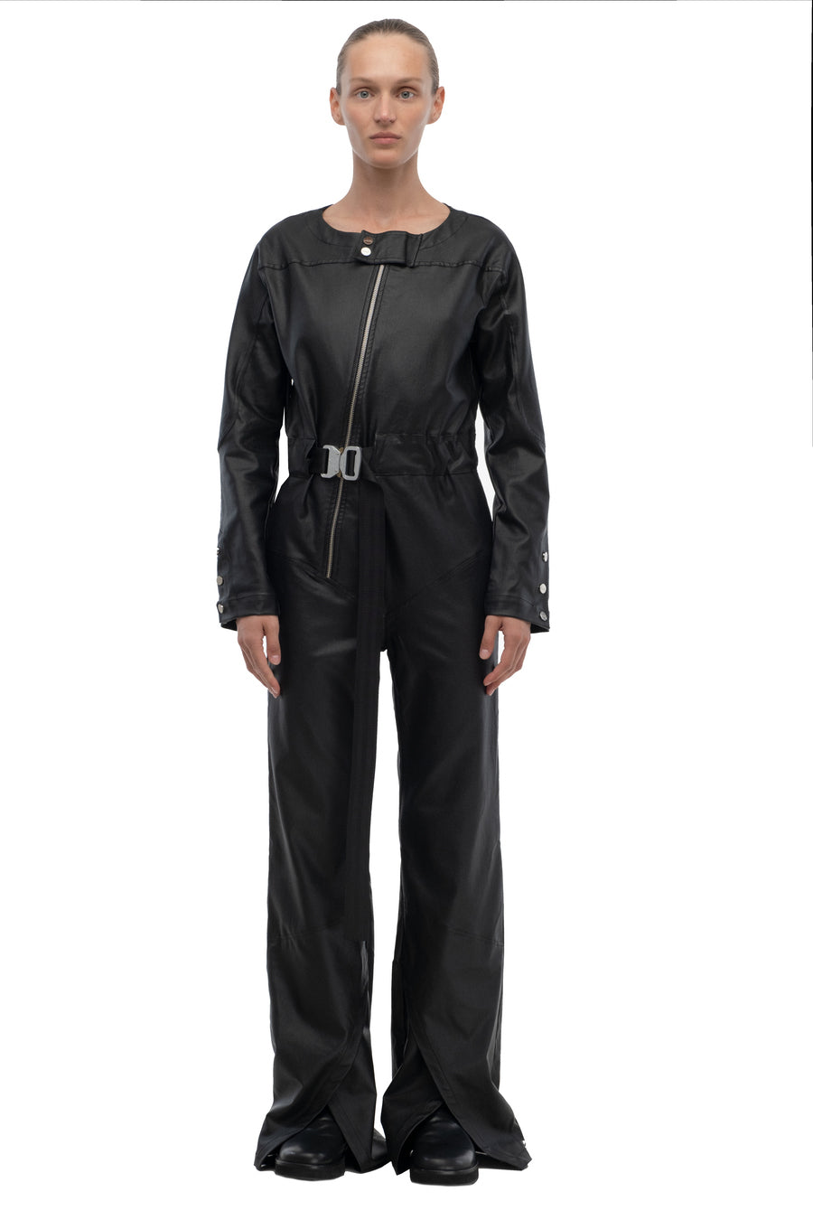 Fitted Faux-Leather Jumpsuit