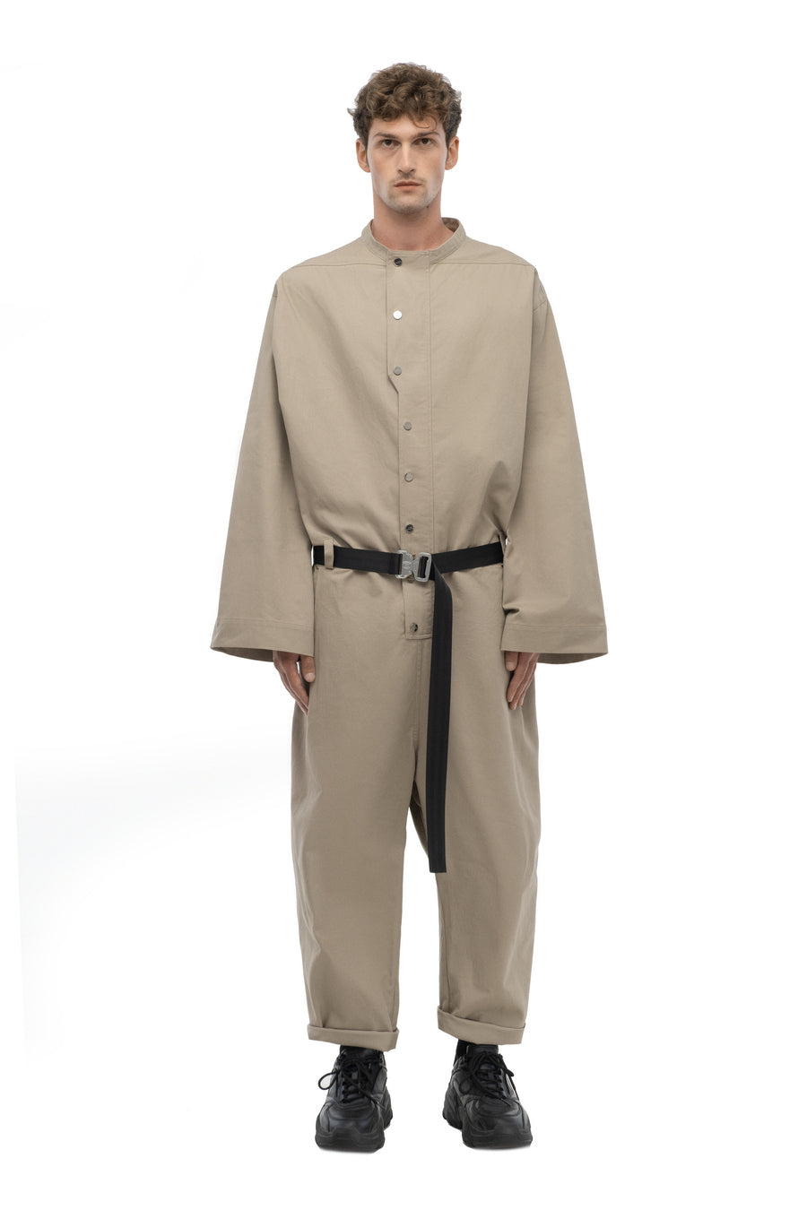 Sand Belted Wide-Sleeve Jumpsuit